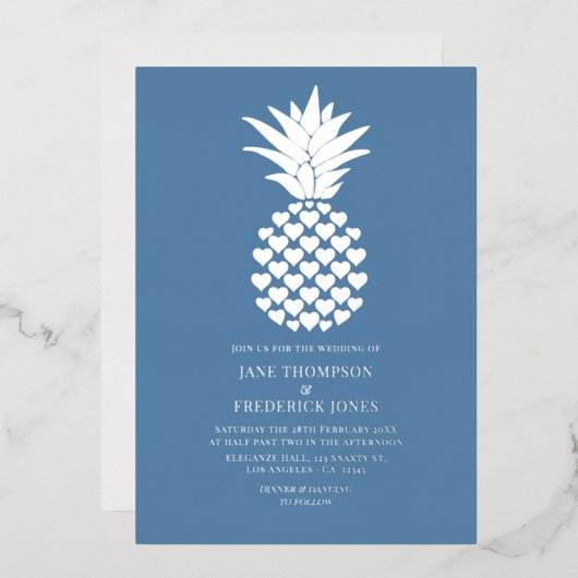 Dusty Blue & Silver Tropical Pineapple Wedding Folie Uitnodiging (Voorkant / Achterkant)