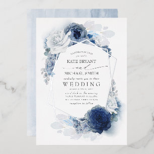 Dusty Blue Silver White Floral Botanical Wedding Folie Uitnodiging