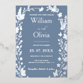 Dusty Blue Silver Wildflower Fotobruiloft Folie Uitnodiging (Voorkant)