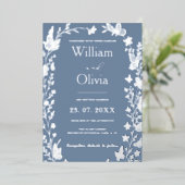 Dusty Blue Silver Wildflower Fotobruiloft Folie Uitnodiging (Staand Voorkant)