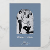 Dusty Blue Silver Wildflower Fotobruiloft Folie Uitnodiging (Achterkant)