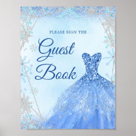 Dusty Blue Silver Winter Sneeuwvlok 15e gastenboek Poster