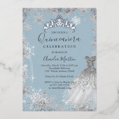Dusty Blue Silver Winter Snowflake Quinceanera Folie Uitnodiging (Voorkant)