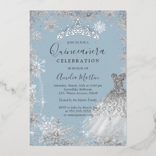 Dusty Blue Silver Winter Snowflake Quinceanera Folie Uitnodiging (Voorkant)
