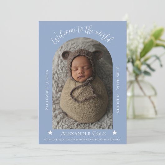 Dusty Blue Simple Arch Lijst Photo Birth Aankondiging (Staand voorkant)