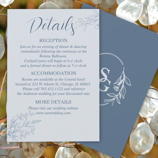 Dusty Blue Simple Boho Floral Wedding Details Informatiekaartje