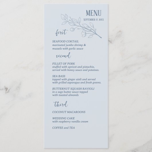 Dusty Blue Simple Boho Floral Wedding Menu (Voorkant)