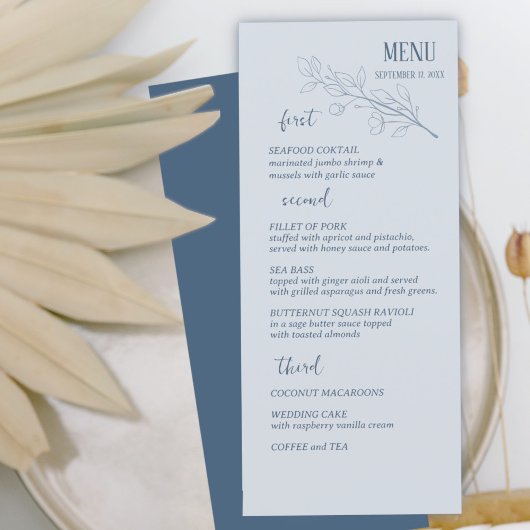 Dusty Blue Simple Boho Floral Wedding Menu