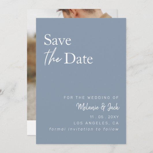 Dusty Blue Simple Calligraphy Photo Save the Date (Voorkant / Achterkant)