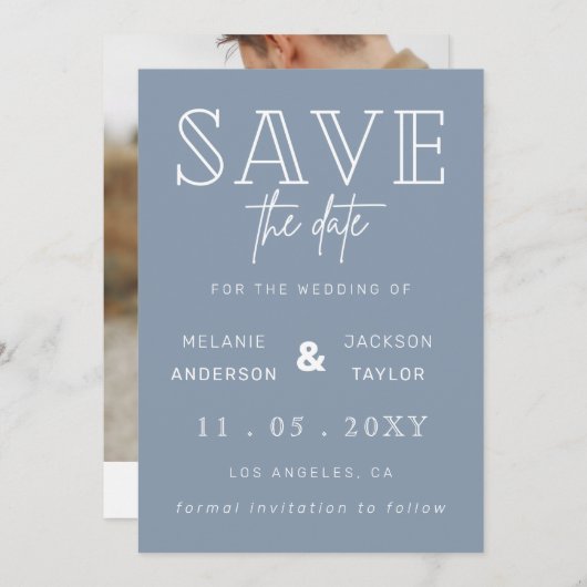Dusty Blue Simple Calligraphy Photo Save the Date (Voorkant / Achterkant)