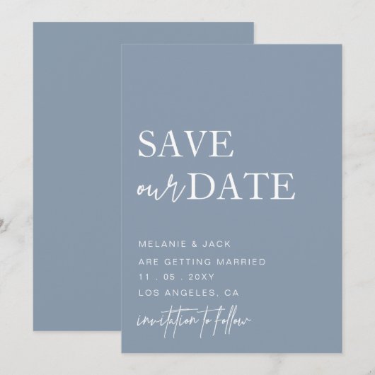 Dusty Blue Simple Calligraphy Save the Date (Voorkant / Achterkant)