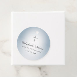 Dusty Blue Simple Cross Boys Eerste Heilige Commun Bedankjes Labels