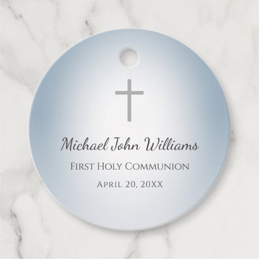Dusty Blue Simple Cross Boys Eerste Heilige Commun Bedankjes Labels (Voorkant)