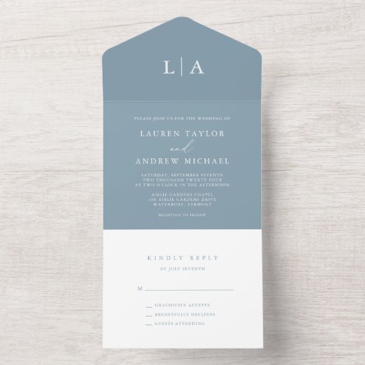 Dusty Blue Simple Elegant 1 Wedding All In One Uitnodiging (Binnen)
