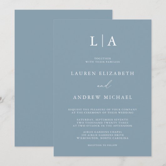 Dusty Blue Simple Elegant 1 Wedding Invitation Kaart (Voorkant / Achterkant)
