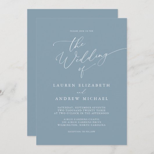 Dusty Blue Simple Elegant 1 Wedding Invitation Kaart (Voorkant / Achterkant)