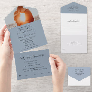 Dusty Blue Simple Elegant Photo Wedding All In One Uitnodiging