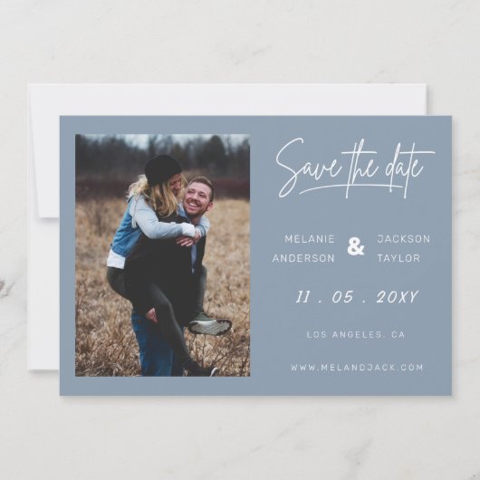Dusty Blue Simple Handwrite-foto Save The Date (Voorkant)
