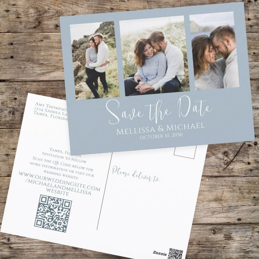 Dusty Blue Simple Minimalist Photo Collage QR Code Briefkaart