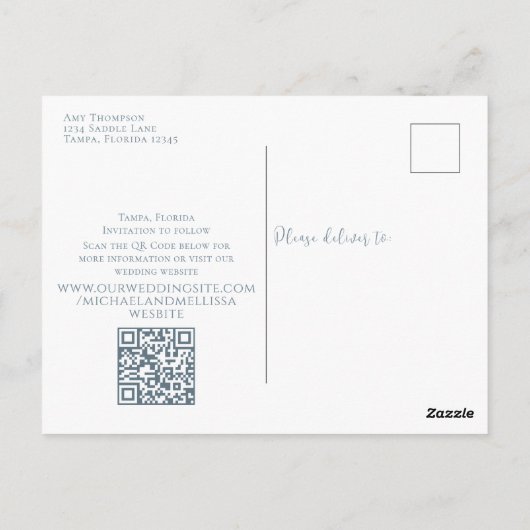 Dusty Blue Simple Minimalist Photo Collage QR Code Briefkaart (Achterkant)