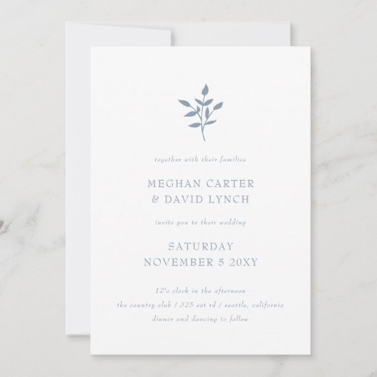 Dusty Blue Simple Modern Botanical Wedding Kaart (Voorkant)