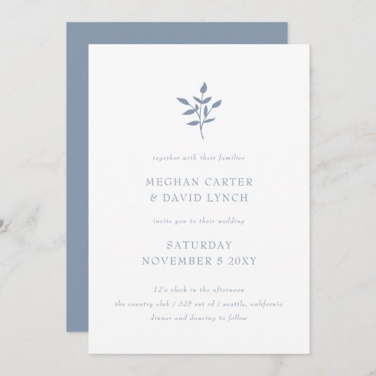 Dusty Blue Simple Modern Botanical Wedding Kaart (Voorkant / Achterkant)