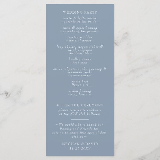 Dusty Blue Simple Modern Botanical Wedding Programmakaart (Achterkant)