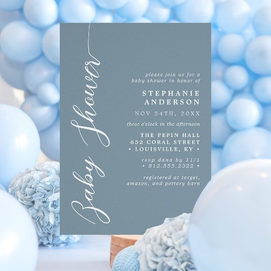 Dusty Blue Simple Modern Script Baby shower Kaart