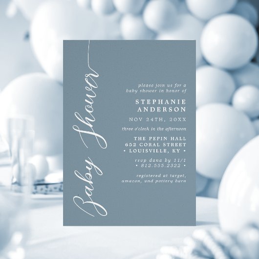 Dusty Blue Simple Modern Script Baby shower Kaart