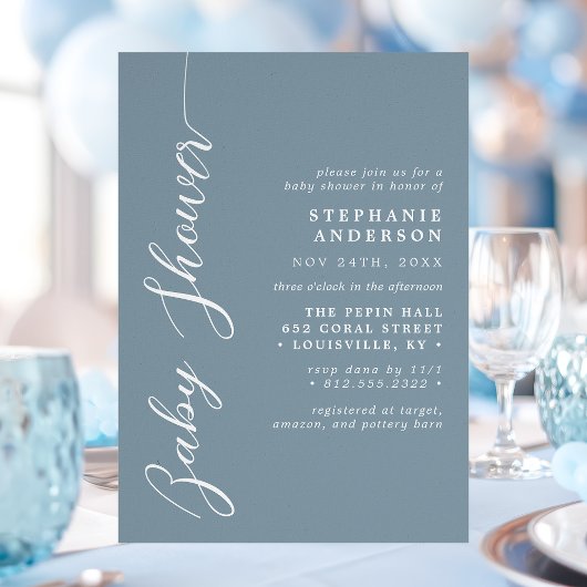 Dusty Blue Simple Modern Script Baby shower Kaart