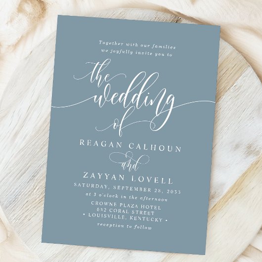 Dusty Blue Simple Modern Script Wedding Kaart