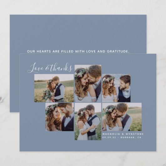 Dusty Blue Simple Photo Collage Wedding Bedankkaart (Voorkant / Achterkant)