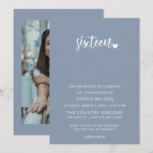 Dusty Blue Simple Script Sweet 16 Birthday Foto Kaart (Voorkant / Achterkant)
