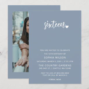 Dusty Blue Simple Script Sweet 16 Birthday Foto Kaart
