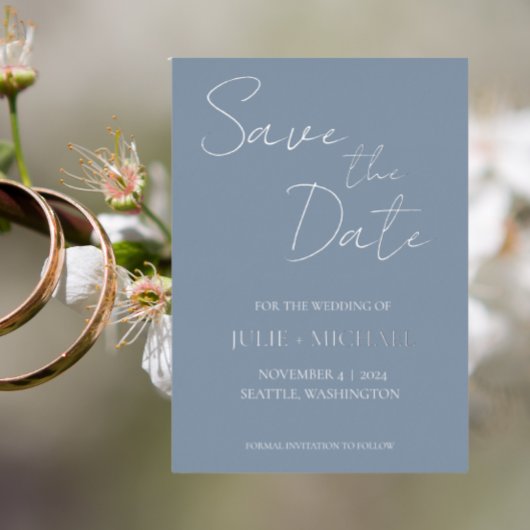 Dusty Blue Simple Style Wedding Sla de datum op Folie Uitnodiging