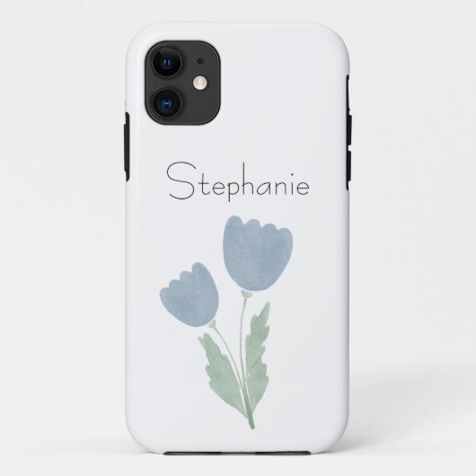 Dusty Blue Simple Waterverf Floral Jouw naam Case-Mate iPhone Case (Achterkant)