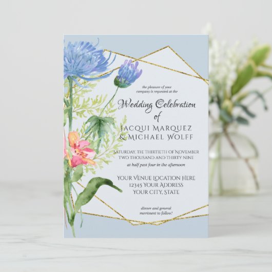 Dusty Blue Simple Waterverf Modern Floral Wedding Kaart (Staand voorkant)
