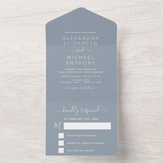 Dusty Blue Simple Wedding Modern Typografie All In One Uitnodiging (Binnen)