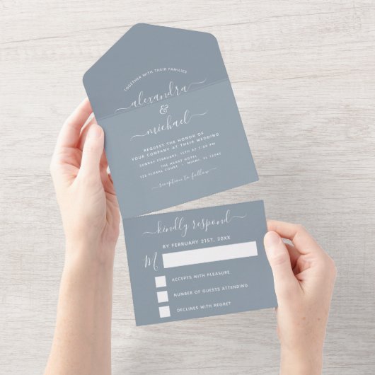 Dusty Blue Simple Wedding Modern Typography RSVP All In One Uitnodiging (Afscheurbaar)