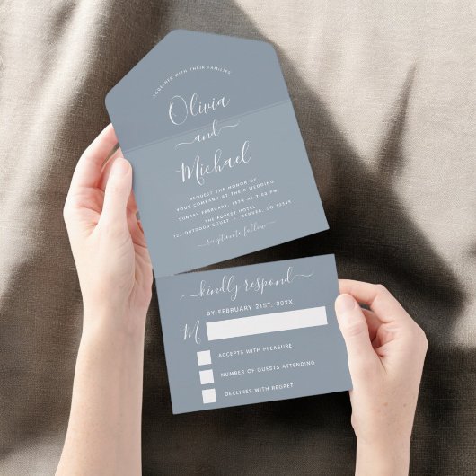 Dusty Blue Simple Wedding Modern Typography RSVP All In One Uitnodiging