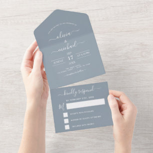 Dusty Blue Simple Wedding Modern Typography RSVP All In One Uitnodiging