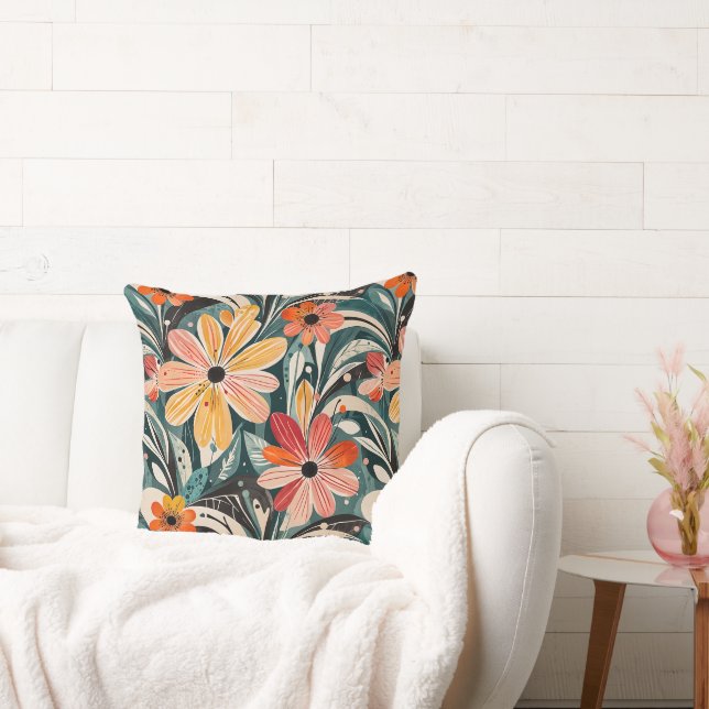 Dusty Blue & Sinaasappel  Modern Bloemen Kussen (Bank)