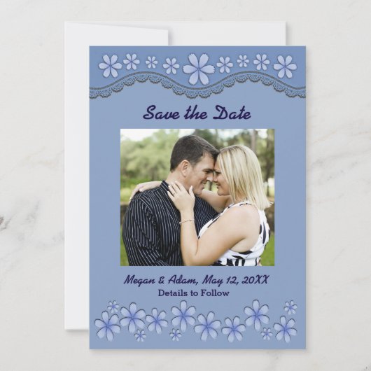 Dusty Blue Six Petal Flower Save the Date Kaart (Voorkant)