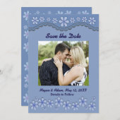 Dusty Blue Six Petal Flower Save the Date Kaart (Voorkant / Achterkant)
