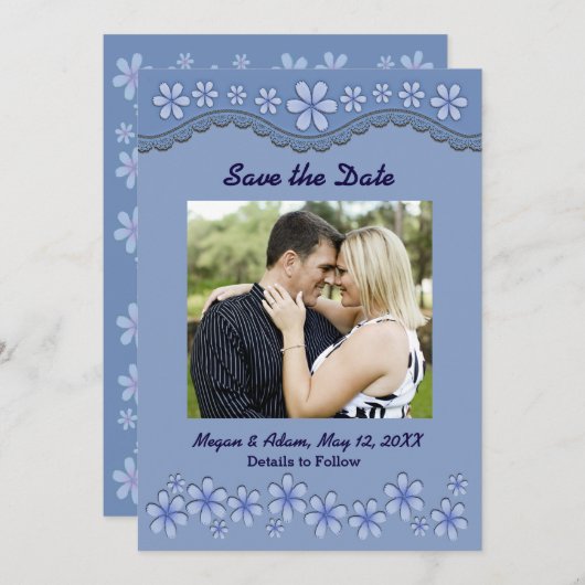 Dusty Blue Six Petal Flower Save the Date Kaart (Voorkant / Achterkant)
