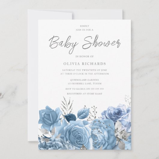 Dusty Blue Sky-Blue Floral Baby shower Kaart (Voorkant)