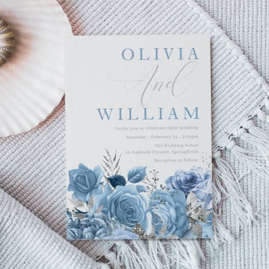 Dusty Blue Sky-Blue Floral Wedding Kaart