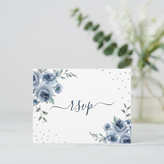 Dusty Blue Slate Bloemen Botanische Chique Bruilof Briefkaart (Staand voorkant)