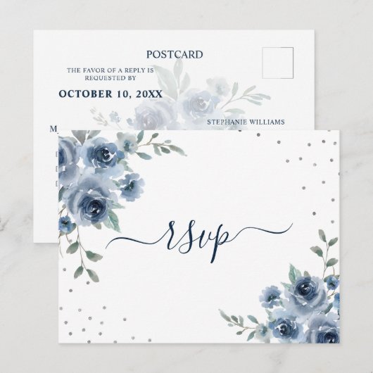 Dusty Blue Slate Bloemen Botanische Chique Bruilof Briefkaart (Voorkant / Achterkant)