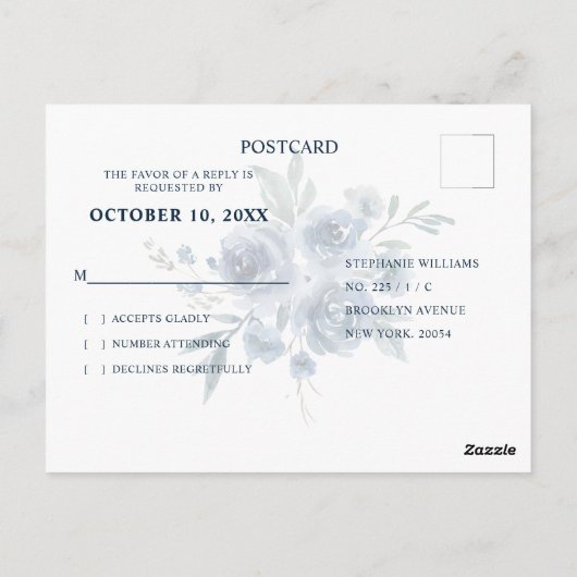 Dusty Blue Slate Bloemen Botanische Chique Bruilof Briefkaart (Achterkant)